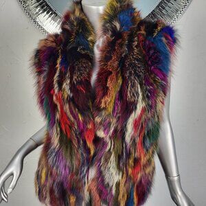 NWT~$585~ADRIENNE LANDAU~S~BROWN RED BLUE GENUINE REAL FOX FUR VEST COAT JACKET